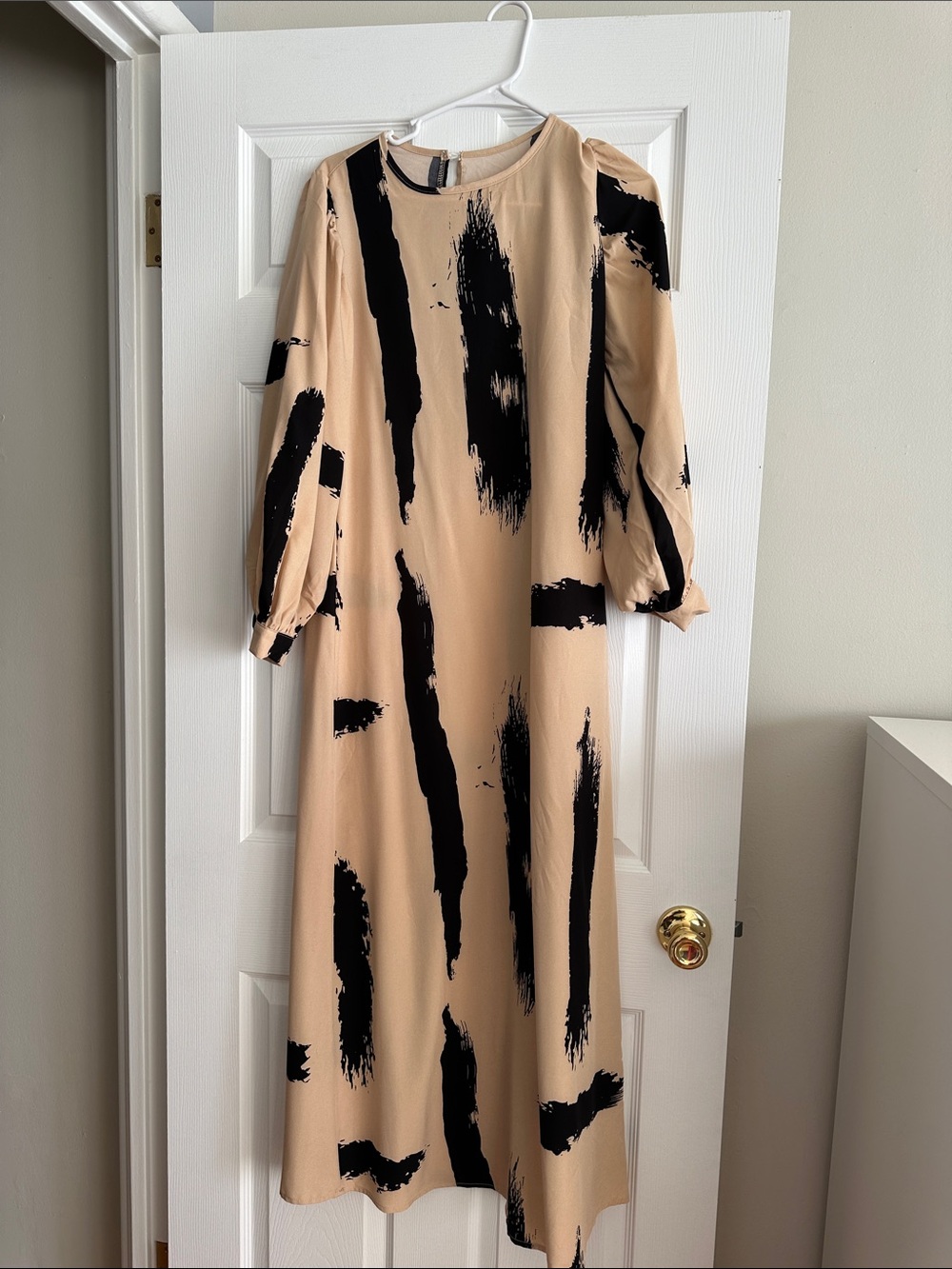 Beige and Black Brushstroke Long Sleeve Dress